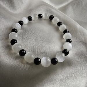 Selenite & Black Tourmaline Crystal Bracelet | Energy Cleansing & Shield